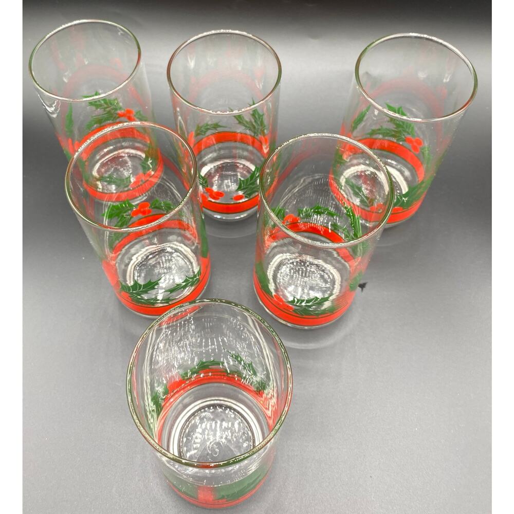Set 6 Vintage 1980 Libbey Glass Tumbler Christmas Holiday Red Ribbon Holly - Picture 3 of 8